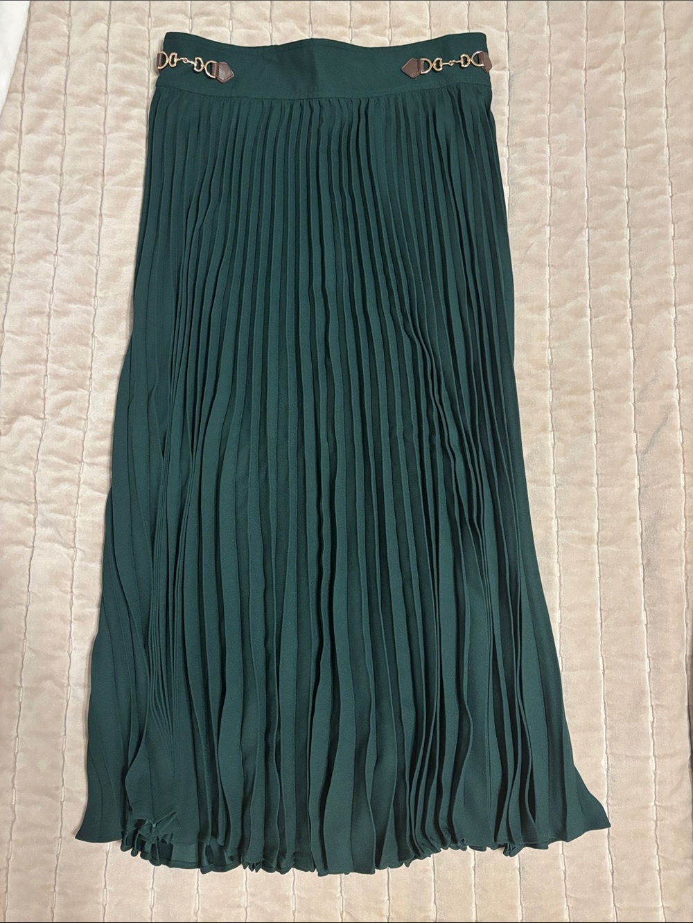Ann Taylor Emerald Green Pleated Midi Skirt with Gold Accents Size 4 NWT